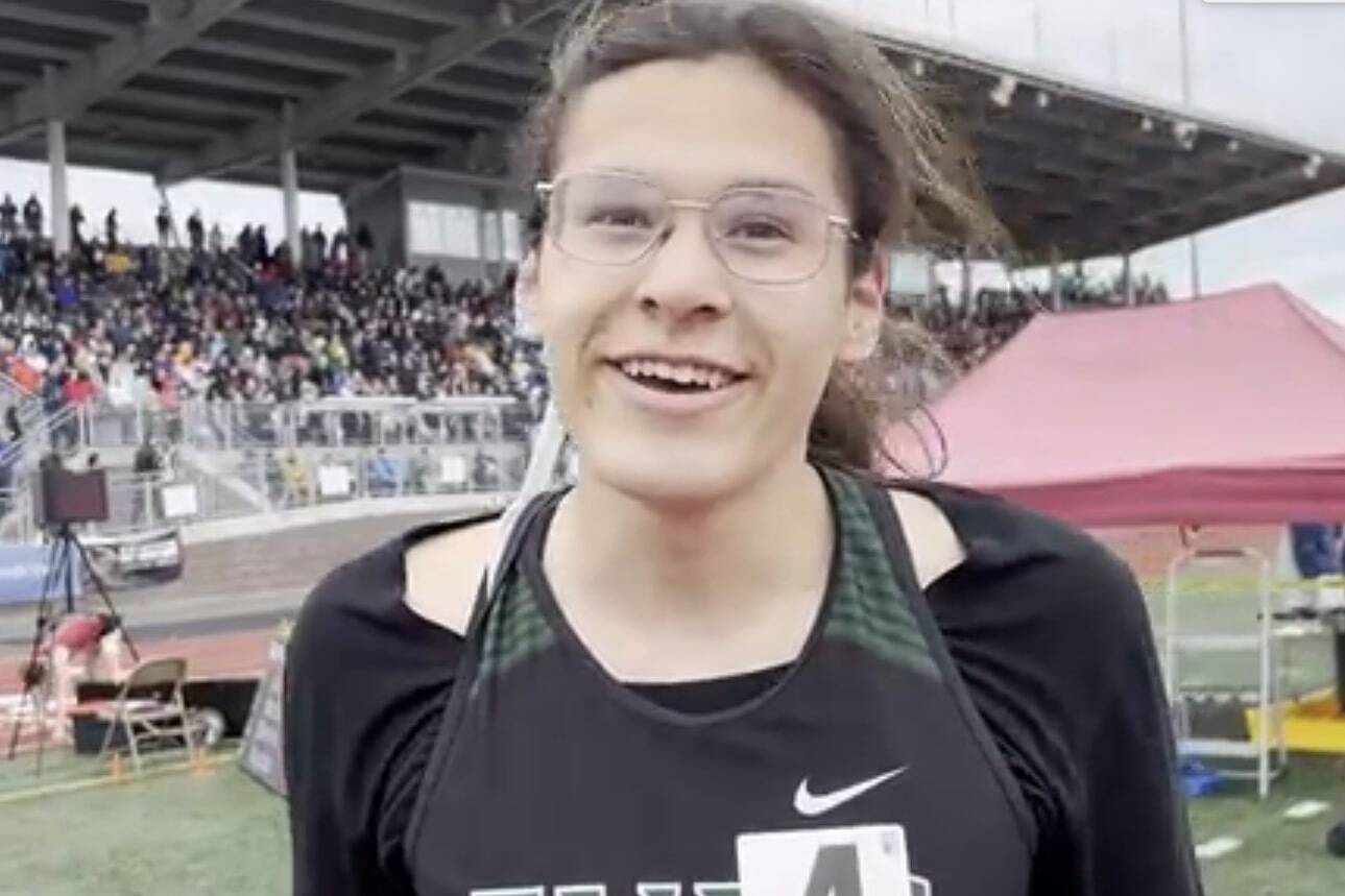 Veronica Garcia gives an interview after winning the 2A girls 400-meter final at the 2024 Washington State Championships at Mt. Tahoma High School in Tacoma. (Screenshot from Runnerspace.com video)