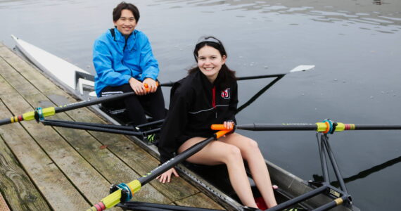 Kai Powers and Izzy Teal get a good row in on a cold December afternoon. Rowing works up a sweat so it’s best to dress in layers. Photo by Bailey Jo Josie/Sound Publishing.