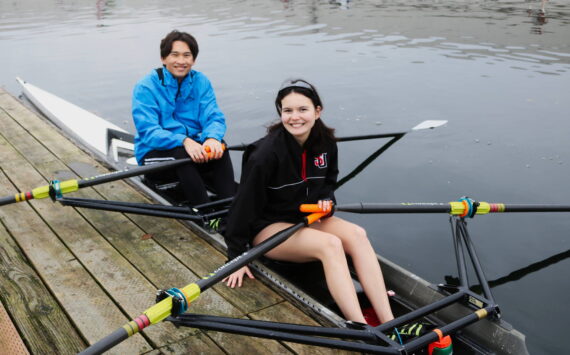 Kai Powers and Izzy Teal get a good row in on a cold December afternoon. Rowing works up a sweat so it’s best to dress in layers. Photo by Bailey Jo Josie/Sound Publishing.