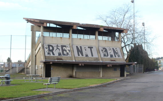 A Renton sign on the baseball bleachers in Liberty Park greets drivers on I-405. Photo by Bailey Jo Josie/Sound Publishing.