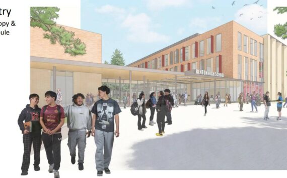 Current Renton High School students acted as models for the designs including this rendering of the main entry of the new building. Courtesy image